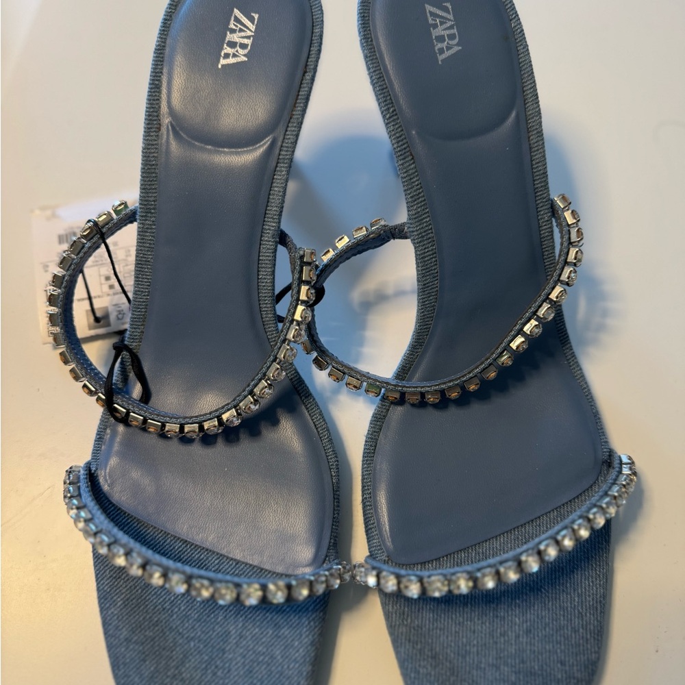 Zara Denim Blue Heels with Silver Accents